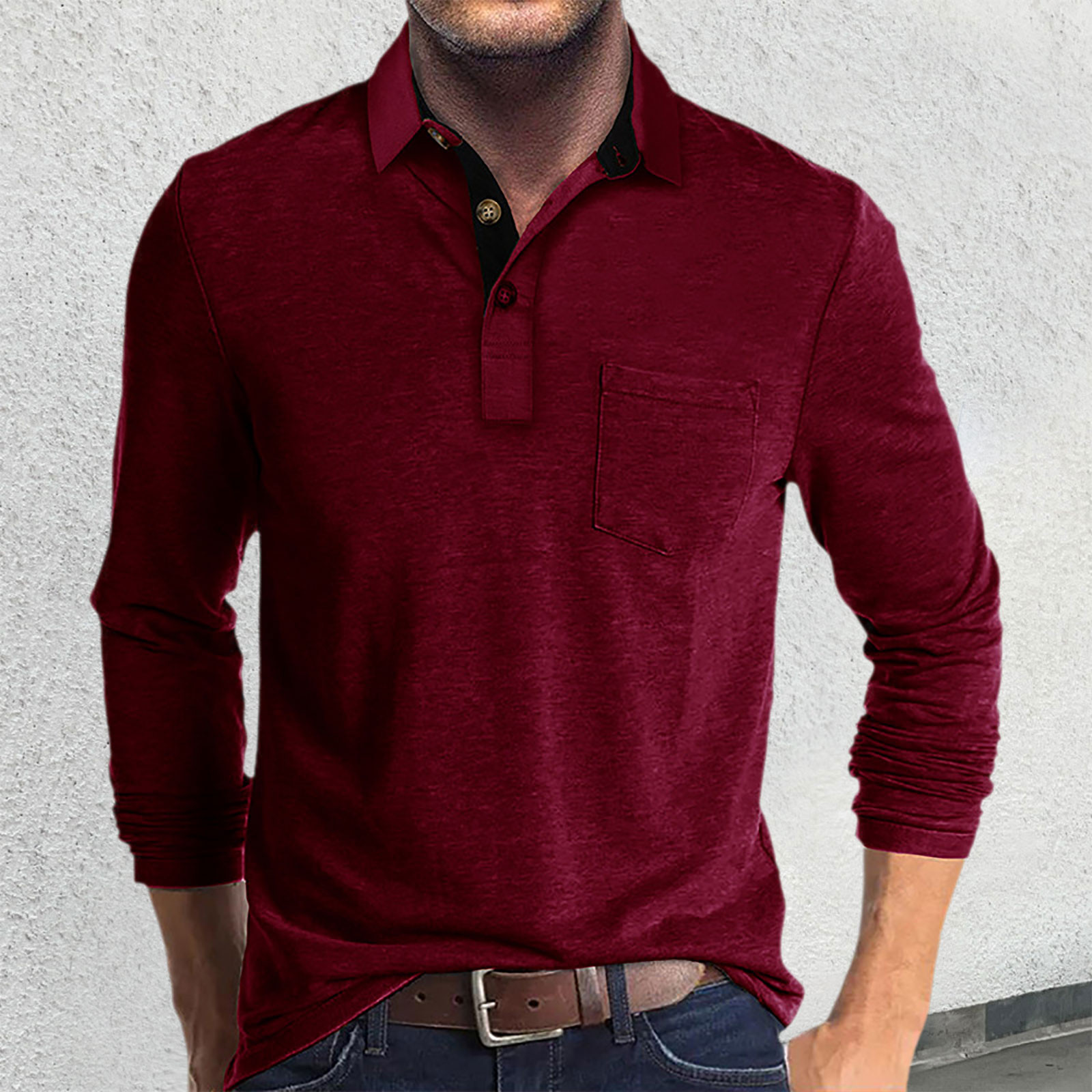 thumbnail image 2 of Camisa de manga larga con solapa de color liso para hombre, otoño/invierno: oversize a rayas, algodón, informal/formal, 2 of 5